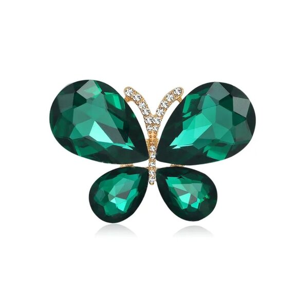 Green Glass Butterfly Brooch Gold Tone with Crystals - Picture 1 of 1